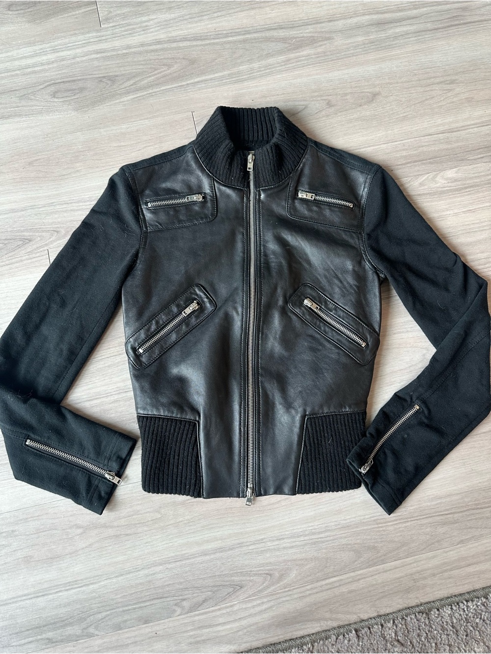 Bebe Vintage 2000s Y2K moto mixed media black genuine leather knit jacket. XS